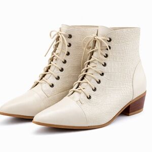 Poppies “Mia” Ivory Croc Embossed Victorian Lace Up Ankle Boots | 10